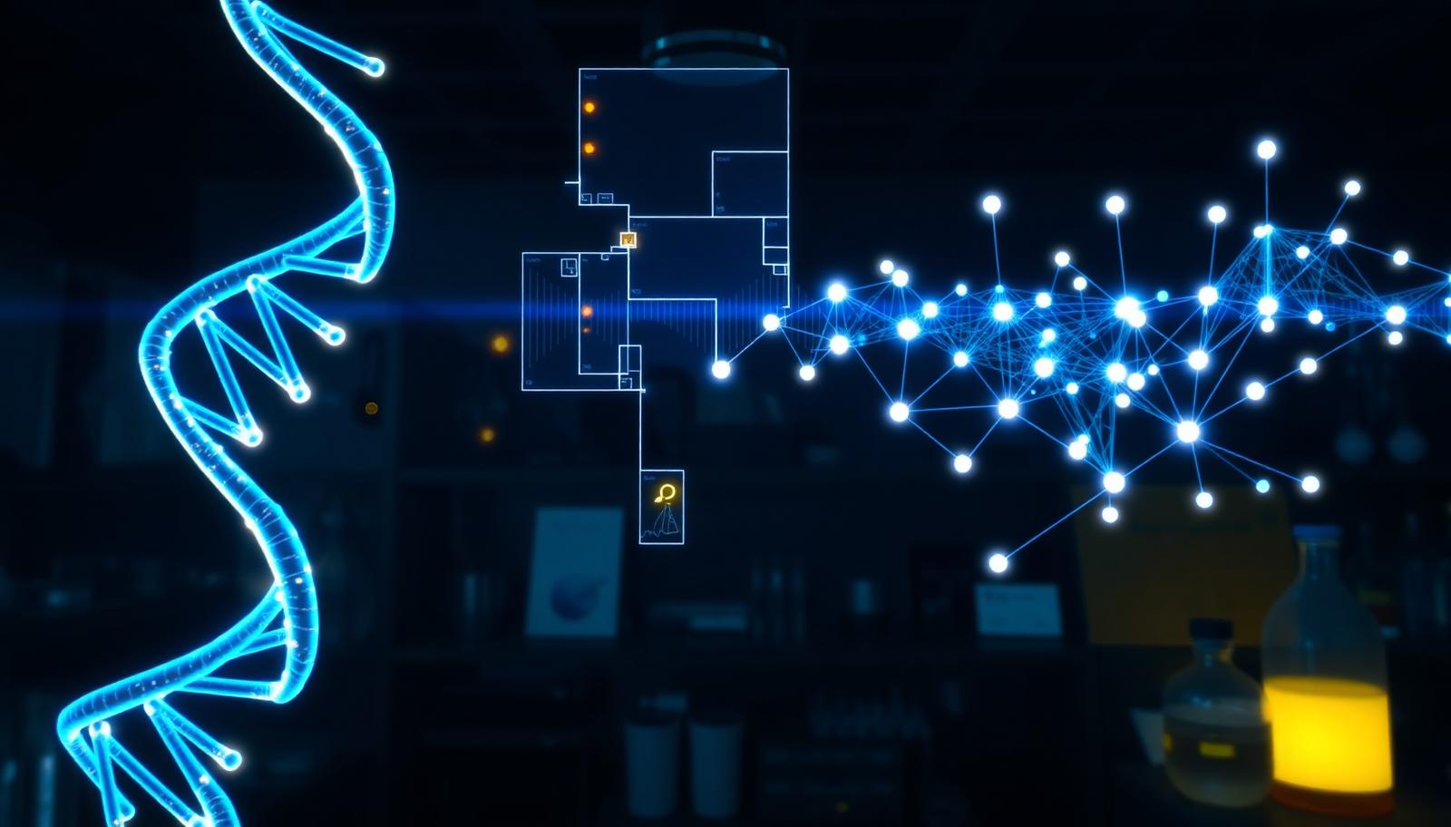 Glowing DNA helix and citation network graph above a dark research laboratory