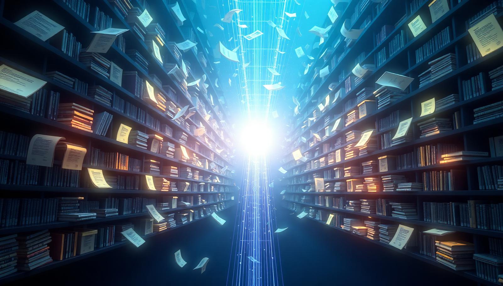 Endless glowing library of theses and research papers streaming light toward one payment node