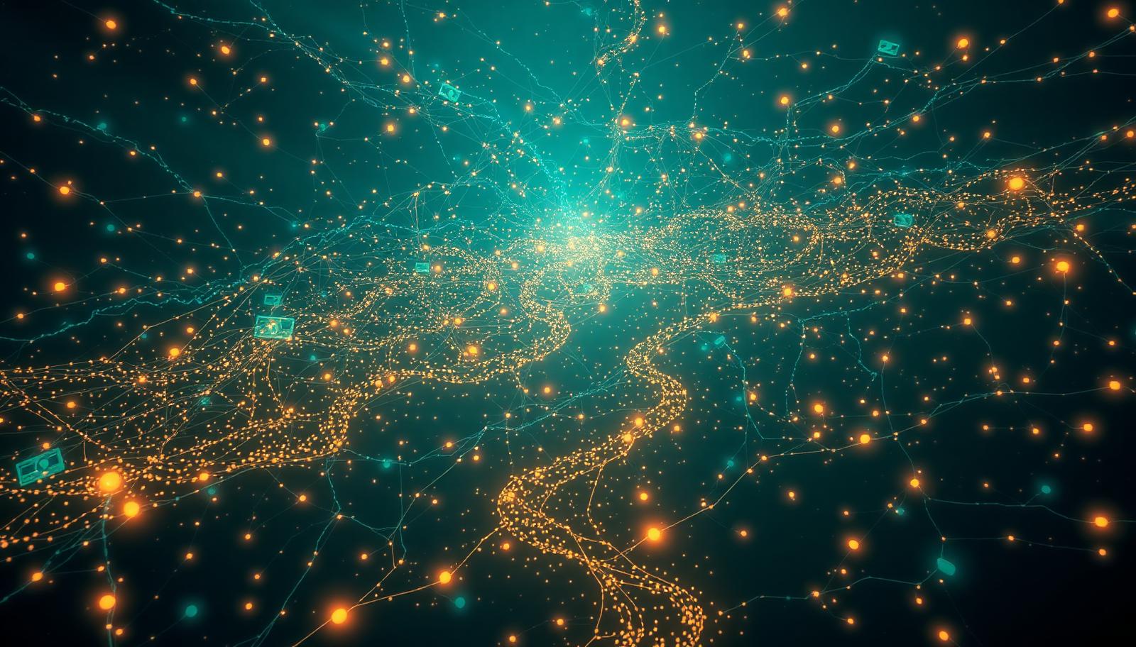 Neural network absorbing millions of small glowing human-made images, songs and documents