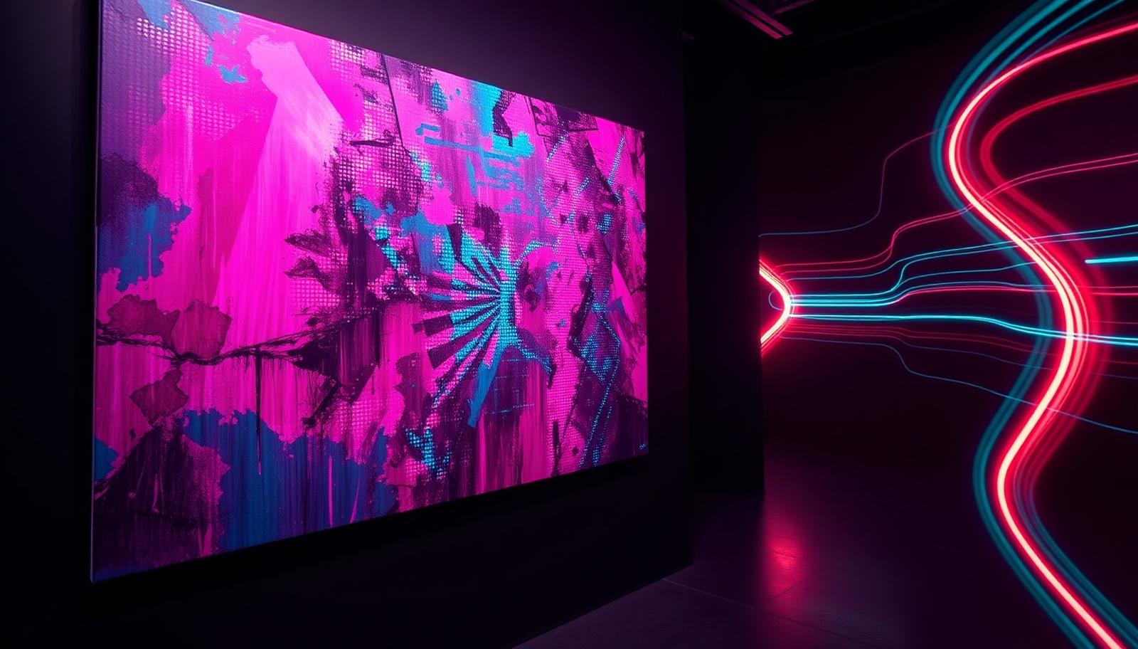 Illuminated canvas in a dark gallery with neon royalty light trails leaving the frame