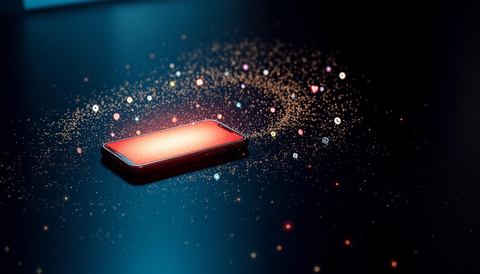 A single glowing phone surrounded by an orbiting galaxy of small social posts and light particles
