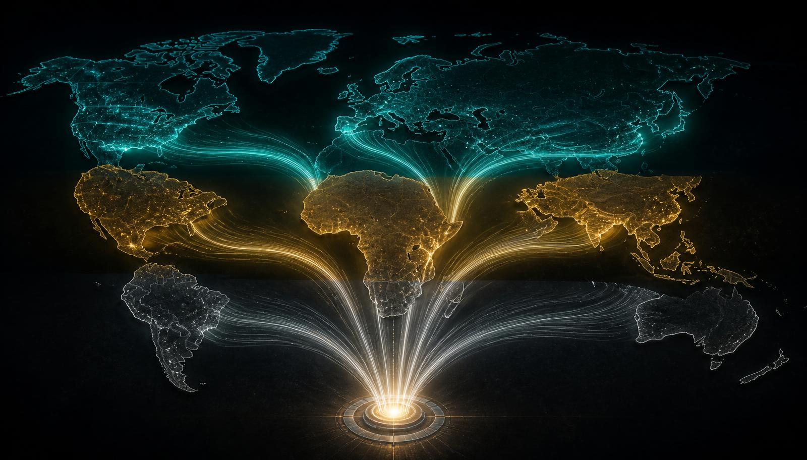 World map split into three glowing economic tiers with value flows converging into one payout node