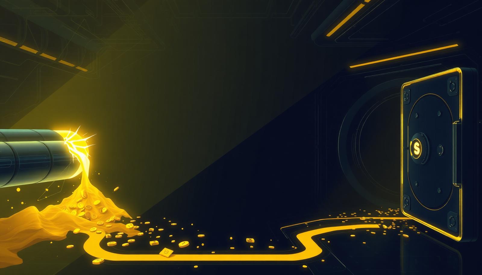 Broken pipeline leaking golden value into darkness beside a repaired channel routing it into a vault