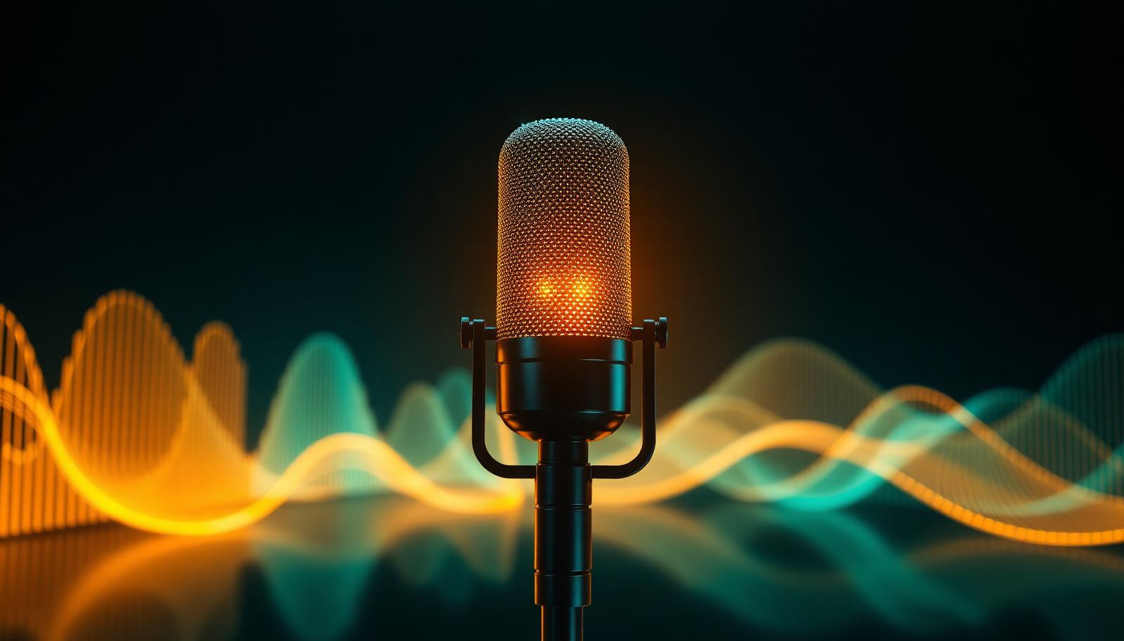 Studio microphone with glowing audio waveforms turning into flowing value streams