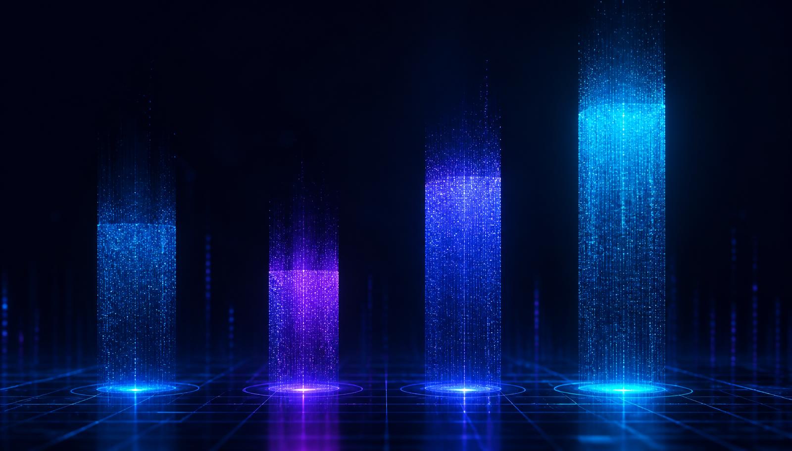 Four glowing data columns representing video, text, professional works and AI training data