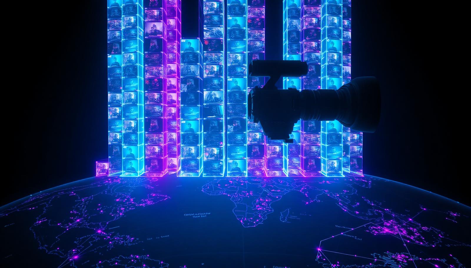 Video camera facing a glowing grid of duplicated video frames above a dark globe