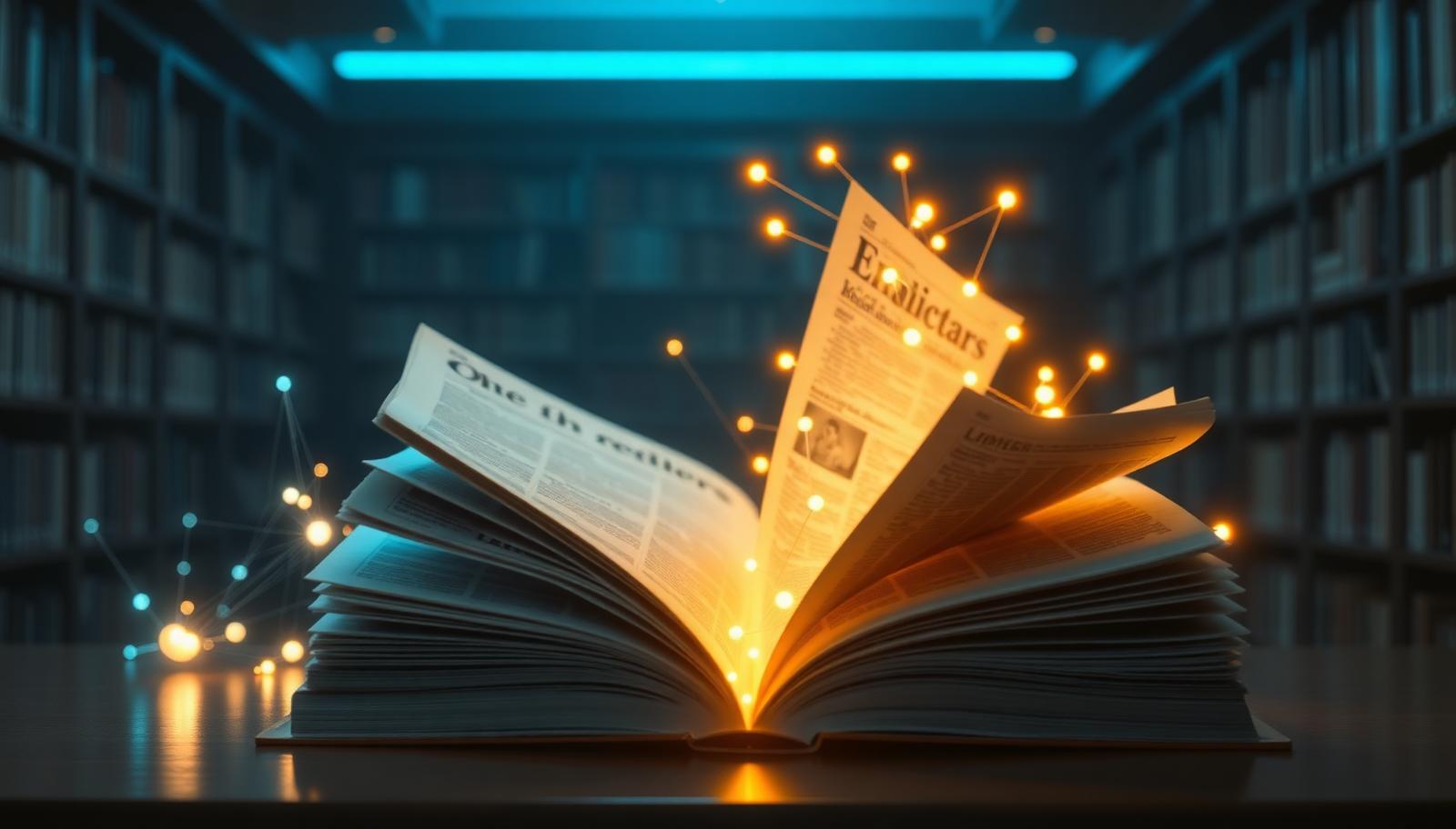 Open book and newspaper pages dissolving into glowing syndication network nodes